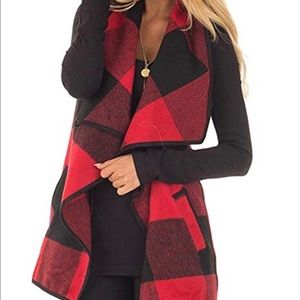 Vest Plaid Hem Drape Open Front Cardigan